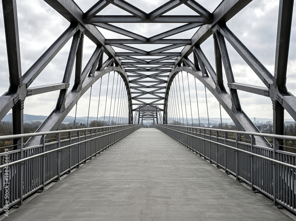 Fototapeta premium A symmetrical steel bridge extends into the horizon under a cloudy sky, suggesting a journey into the unknown.