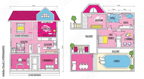 Dollhouse floor plans showcase interior rooms and exterior features.