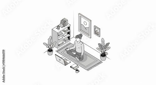 Isometric Vector Illustration of Woman Meditating at Home with Laptop, Wellness and Online Yoga Concept in Clean Line Art Style