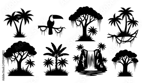 Jungle silhouette vector set trees toucan waterfall vines tropical nature