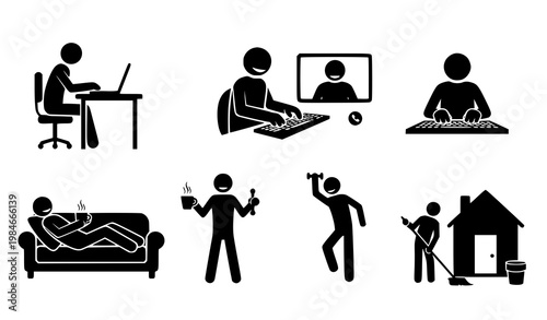 Stick figure icons vector daily activities work from home silhouette set