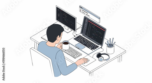 Software Developer Working on Computer Code at Desk Isometric Illustration - Programmer in Modern Home Office Workspace
