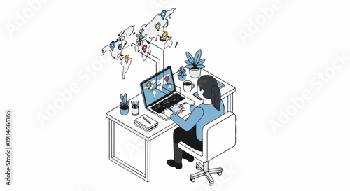 Global Business and Remote Work Concept: Isometric Illustration of a Woman Working on Laptop with World Map and Location Pins