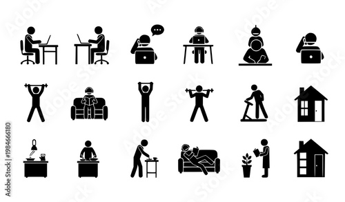 Work from home stick figure vector icons daily routine pictogram set