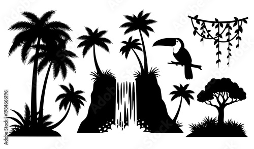 Jungle silhouette elements vector toucan trees waterfall tropical set