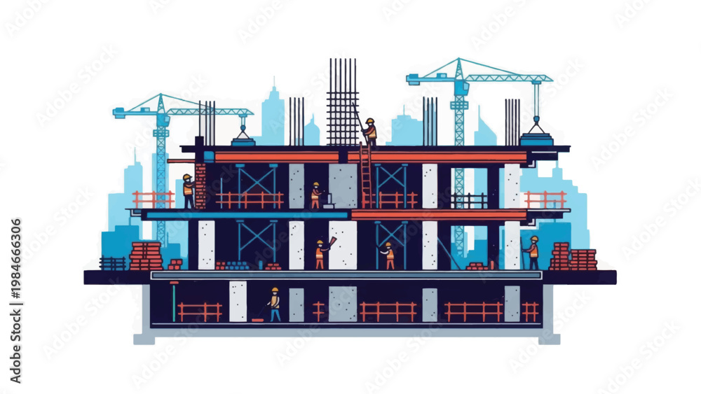 Obraz premium Building construction cross-section vector illustration. Workers, foundation, rebar, and cranes on a modern development site.