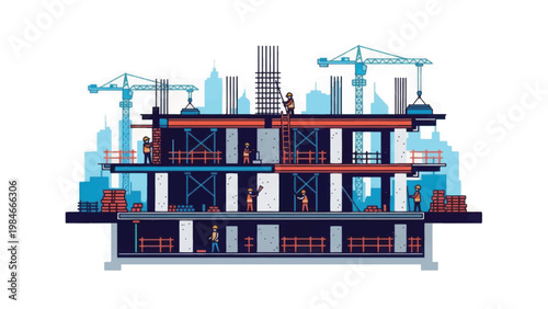 Building construction cross-section vector illustration. Workers, foundation, rebar, and cranes on a modern development site.
