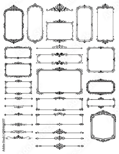 Ornate frames and dividers collection, decorative black filigree elements. Vector graphic, isolated on white