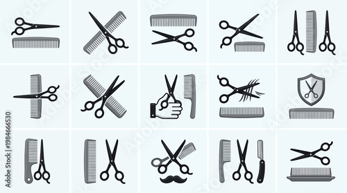 Set of professional barber shop icons with various scissors and combs in monochrome graphic style, concept for hair salon branding, grooming service marketing and barber industry promotion