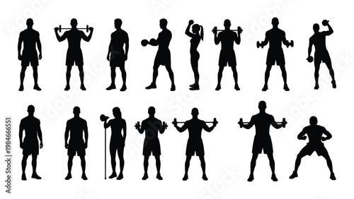 A collection of silhouettes depicting diverse individuals engaged in various weightlifting and fitness exercises high quality