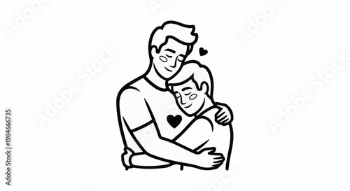 Two figures embracing, one with arms around the other, black line art