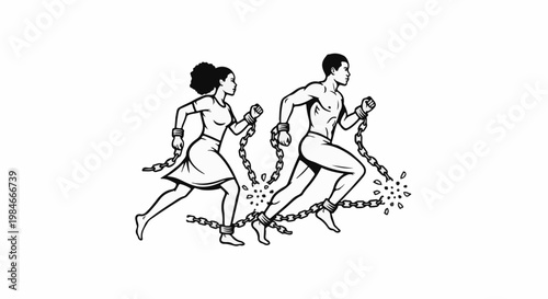 Two figures, a woman and a man, breaking free from chains