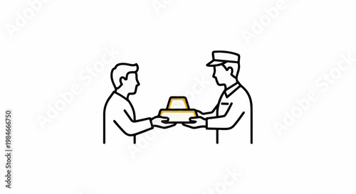 Two figures exchanging a gold bar