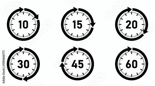 Set of black and white circular countdown timer icons showing various minute intervals from ten to sixty, concept for productivity management, time tracking and business deadline reminders