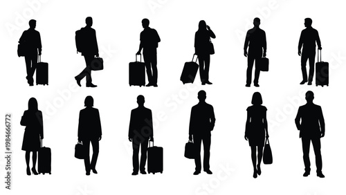A collection of silhouetted figures mostly business travelers carrying luggage and bags high quality professional detailed