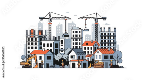 Urban Construction Site and Real Estate Development Illustration. Cityscape with Cranes, Modern Buildings, and Residential Houses.