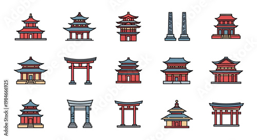 Traditional Asian Pagoda and Temple Architecture Icon Set