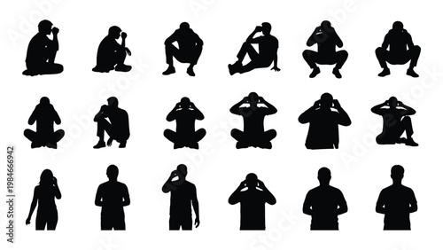 A collection of diverse black silhouettes depicting people in various seated and crouching positions high quality