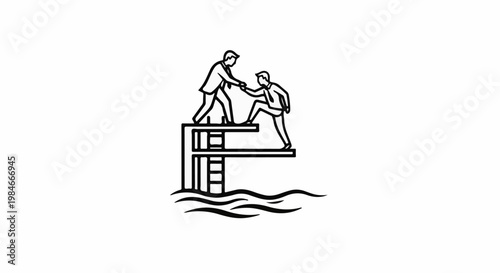 Two businessmen on a diving board helping each other
