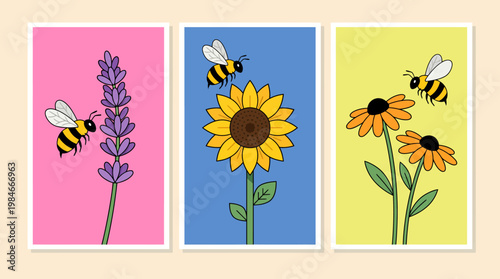 Triptych illustration of bees pollinating lavender, sunflower, and orange daisies on pastel panels, a vibrant nature artwork focusing on pollination
