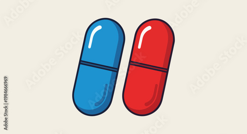 Two capsule pills, one red and one blue, against a light background