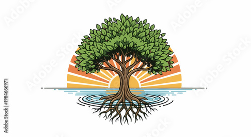 Tree with roots submerged in rippling water, against a sunrise