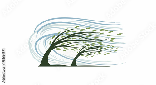 Trees bending under strong winds with swirling blue lines