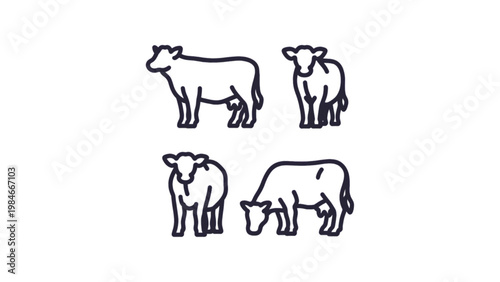 Line drawing of four stylized cows in various poses Vector