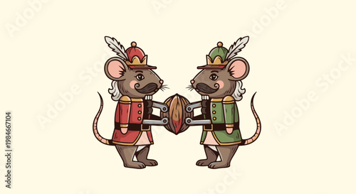 Two cartoon mice in military attire holding a nutcracker
