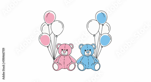 Two cartoon teddy bears, one pink and one blue, hold balloons
