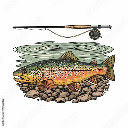 Vintage fly fishing trout illustration with rod on river stones woodcut style