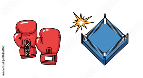 Boxing Ring and Red Gloves Vector Illustration on White Background