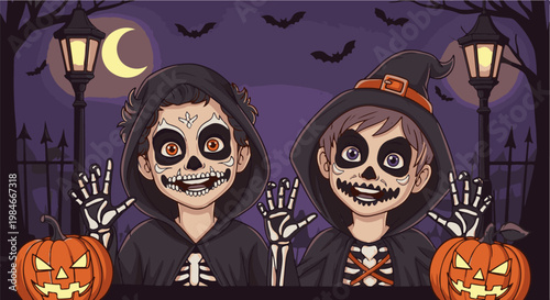 Two children in skeleton costumes and face paint wave on Halloween night