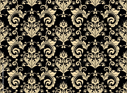Wallpaper in the style of Baroque. Golden and black floral ornament. Seamless vector background. Graphic pattern for fabric, wallpaper, packaging. Ornate Damask flower illustration