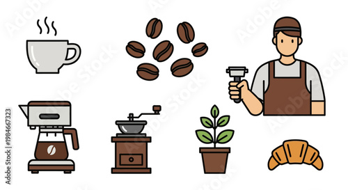 Barista and Coffee Shop Flat Vector Icon Set