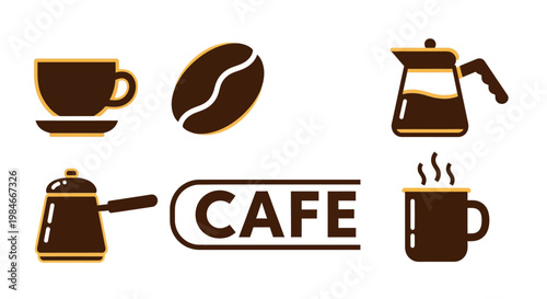 Minimalist Coffee Shop Icon Set with Bean and Brewing Tools