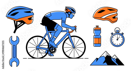 Cyclist and Professional Bicycle Gear Icon Set in Flat Design