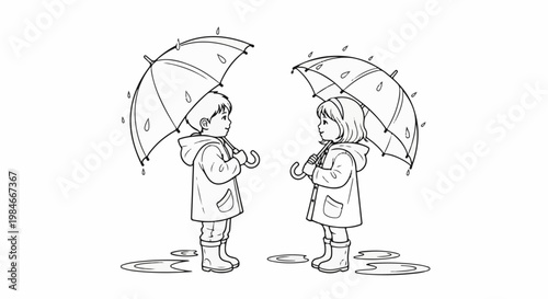Two children in raincoats and boots share umbrellas in puddles