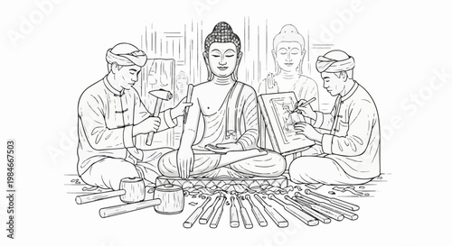 Two artisans meticulously carve a Buddha statue with tools, surrounded by inspiration