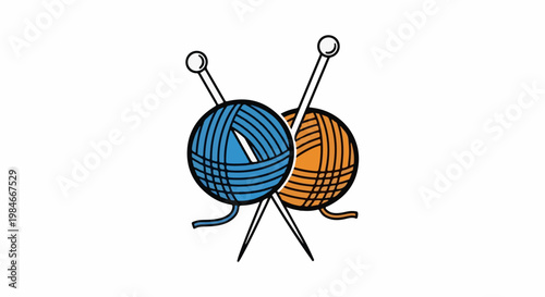 Two balls of yarn, one blue and one orange, crossed by knitting needles