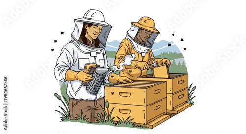 Two beekeepers in protective suits tend to wooden beehives outdoors