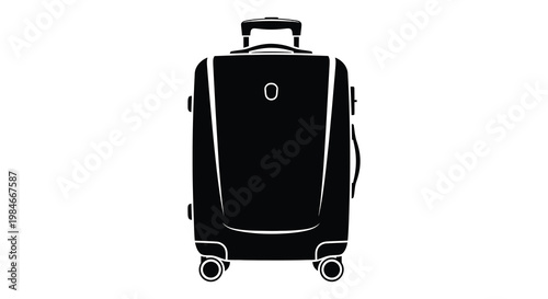 A black suitcase with wheels is shown in a stark silhouette
