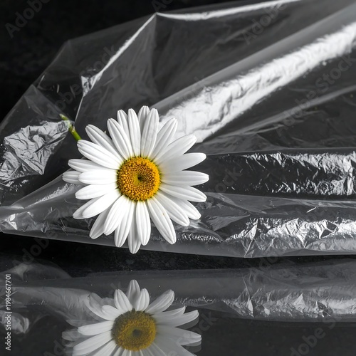 Daisy on plastic a stark contrast. Flower, fragility on dark, glossy surface reflecting light