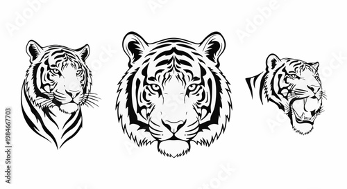 Three stylized black and white tiger head illustrations, one roaring