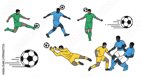 Set of flat soccer player illustrations in various match actions