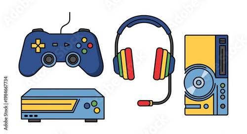 Set of gaming equipment icons with controller headset and console