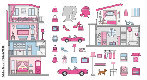 Illustrated dollhouse with furniture, accessories, and toy cars for.