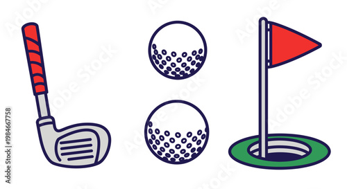 Golf sports equipment set with club balls and flag icon