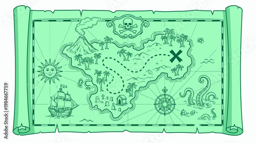 Vintage pirate treasure map illustration on aged parchment scroll featuring islands with palm trees and volcano, concept for adventure gaming, childhood exploration and fantasy storytelling