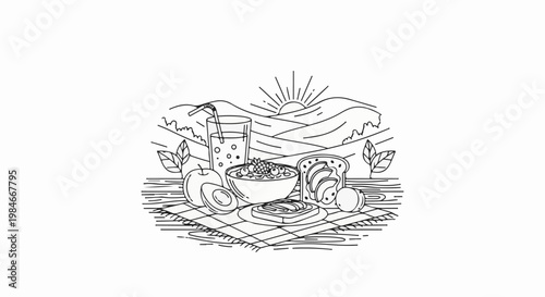 Sunrise over rolling hills with a picnic of fruits, cereal, and toast